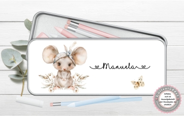 zuckersüße Stiftebox Geschenkdose Metall Maus Kopftuch Name personalisiert zur Einschulung oder nur so für Spickzettel und kleine Briefchen   von Lüttentüddel®